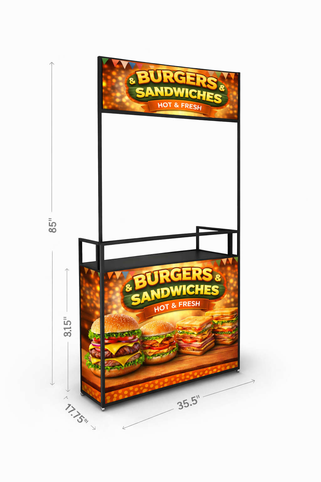 hanamori premium foldable burger & sandwich cart (with storage | lit | pre designed artwork) – 3×7 hanamori premium foldable burger & sandwich cart (with storage | lit | pre designed artwork) – 3×7