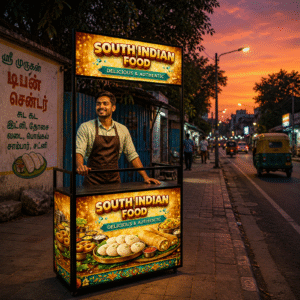 hanamori premium south indian food cart (foldable | with storage | lit | pre designed artwork) – 3×7